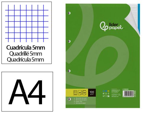 Recarga liderpapel din a4 100 f 100 gr quadricula5 mm sem margen 4 furos bandas de 5 cores , Liderpapel , 72246 , 8423473722460